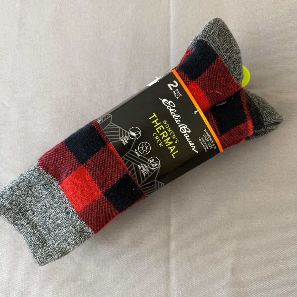 Eddie Bauer Womens Thermal Crew Socks 2 Pair Pack Red Buffalo Plaid Gray‎ 5-10